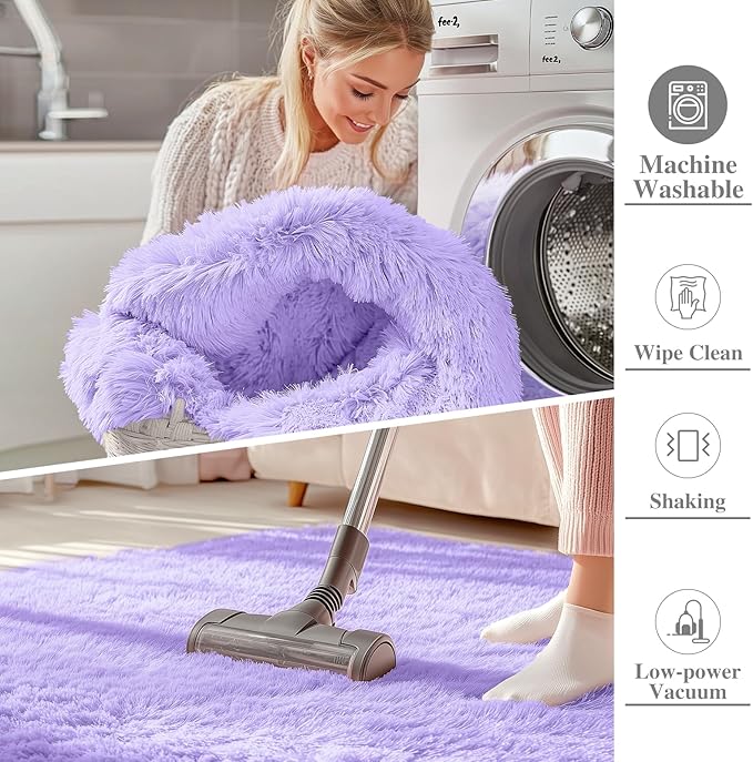 OLANLY 3x5 Machine Washable Small Bedside Rug, Soft Fluffy Shaggy Rugs for Living Room, Bedroom, Indoor Floor Carpet for Kids Girls and Boys, Preppy Dorms, Nursery, Home Decor Aesthetic, Light Purple