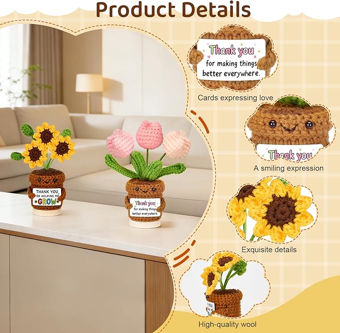 4 Pcs Thank You Gifts for Women, Positive Crochet Sunflower Tulip Heart Potted Plant Flower Dolls with Card Wooden Stands and Box, Teacher Employee Appreciation Gifts, Mothers Day, Birthday Gift