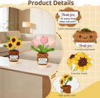 4 Pcs Thank You Gifts for Women, Positive Crochet Sunflower Tulip Heart Potted Plant Flower Dolls with Card Wooden Stands and Box, Teacher Employee Appreciation Gifts, Mothers Day, Birthday Gift