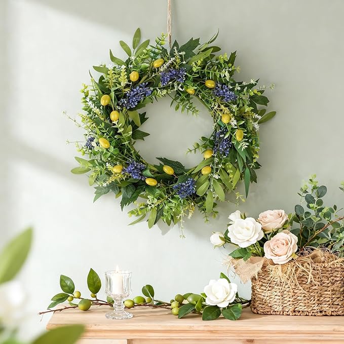 3 PCS Artificial Green Eucalyptus Olives Wreaths for Front Door Spring Summer Greenery Teardrop Swag with Eucalyptus Leaves Boxwood Mixed Berry for Indoor Outdoor Farmhouse Home Festival Wedding Decor