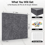 6 Pack Felt Bulletin Cork Board Tiles for Wall, 1/2" Thick Self Adhesive Pinboard Squares with 60 Pushpins, Felt Panels Wall Organizer for Photos, Pictures, Memos (11.8"x11.8"- Dark Grey)