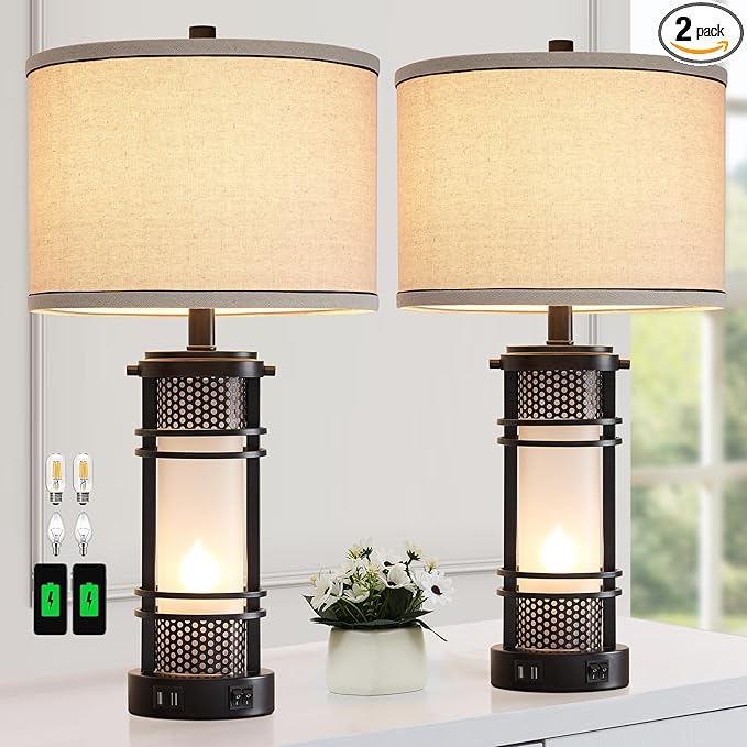 AIEAMPDO Set of 2 Modern Table Lamps for Living Room, Contemporary Nightstand Lamp with Dual USB Port, Bedside Lamps with White Frosted Glass Night Light for Bedroom, 4 Bulbs Included (Black)