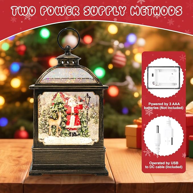 Christmas Snow Globe Lantern with Santa and Reindeer 8 Music Songs & 6H Timer Water Snow Globe Lantern USB & Battery Operated for Christmas Festival Decorations Gifts (Santa and Reindeer)
