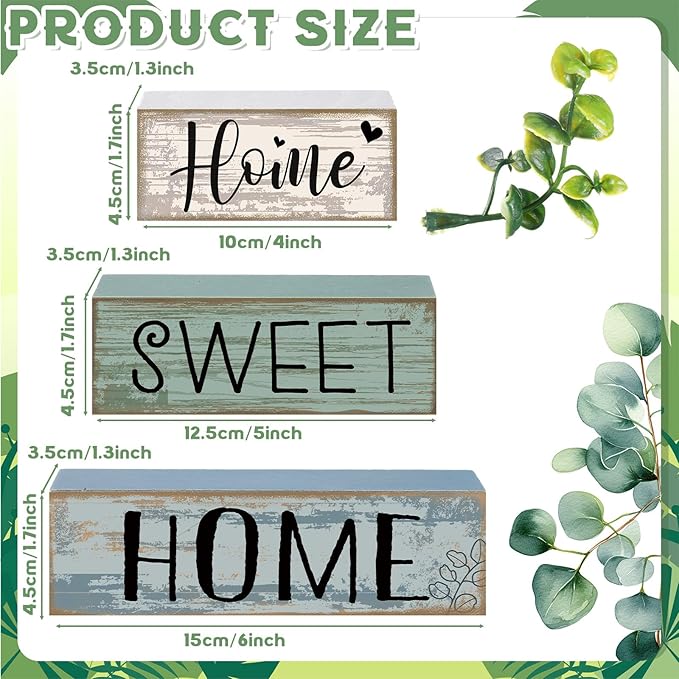Moucuny 4 Pcs Wooden Farmhouse Table Decor Rustic Home Sweet Home Stacked Blocks Decoration Farmhouse Tiered Tray Decor Decorative Eucalyptus Block Signs Gift for Kitchen Shelf Coffee Table