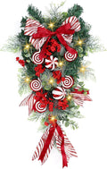 Yunlly 28" Pre Lit Christmas Teardrop Swag Battery Operated Christmas Swag with Lights, Red and White Bowknot, Swirl Candy Cane Ball, Xmas Wreath Ornament for Indoor Outdoor Front Door Decoration