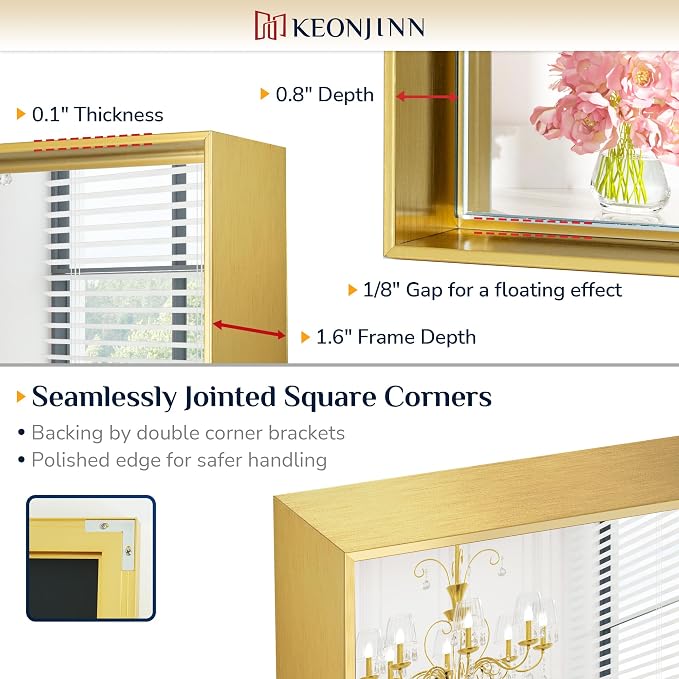 Keonjinn Gold Bathroom Mirror 48 x 36 Inch, Brushed Gold Metal Framed Mirror, Rectangular Square Corner Large Vanity Mirrors for Wall, Oversized Rectangle Mirrors for Over Sink