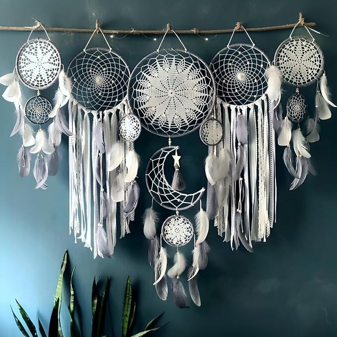 5 Pack Bohemian Ornaments,Dreamcatcher Gift Boho Native American Decor, Handmade Dreamcatcher for Girls, Boys, Adults, Kids Room,Witchy Gifts (Gray)