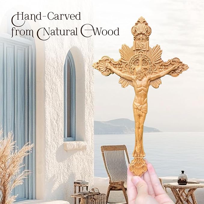 DAICAT Handcrafted Wooden Catholic Cross, Religious Wall Crucifix, Catholic Crucifix 10 inches, Natural Wood (6.7 x 9.8 IN, Jesus 1)
