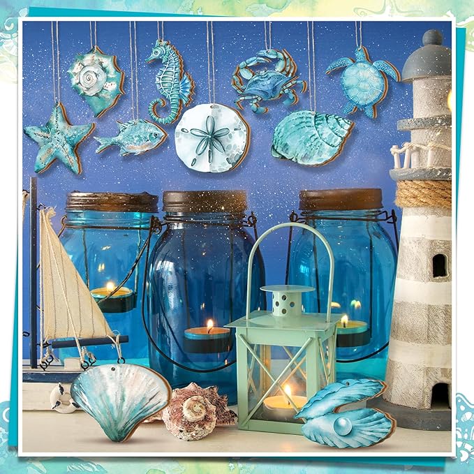 30 Pcs Summer Ocean Animals Ornaments Summer Ornaments for Tree Wooden Beach Hanging Decorations Ocean Themed Decoration with String Wooden Slices for Home Small Tree Party