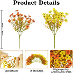 Artificial Fall Flowers for Outdoor Decoration,16 Bundles Faux Silk Colorful Flowers for Outside,UV Resistant Fake Flowers Plants for Front Door Patio Porch Yard Balcony Autumn Decor(F Orange Yellow)