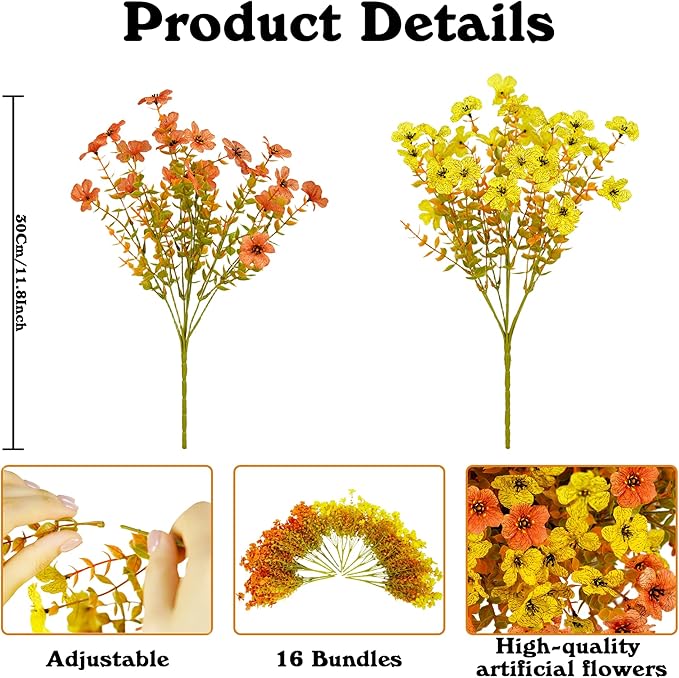 Artificial Fall Flowers for Outdoor Decoration,16 Bundles Faux Silk Colorful Flowers for Outside,UV Resistant Fake Flowers Plants for Front Door Patio Porch Yard Balcony Autumn Decor(F Orange Yellow)