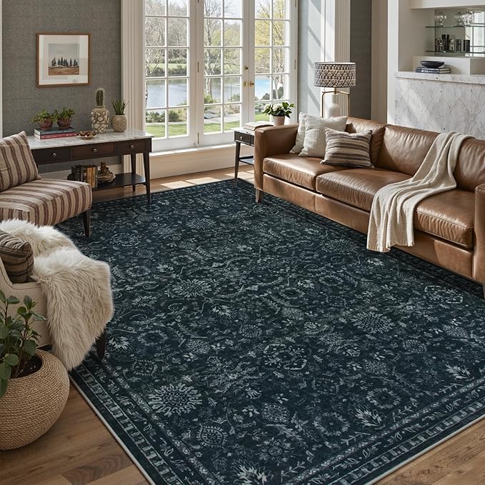 Lahome Black Area Rug for Living Room 8x10,Boho Washable Thin Carpets for Office Decor,Vintage Rubber Backed Non Slip Rug for Bedroom Dorm Apartment Hardwood Floors
