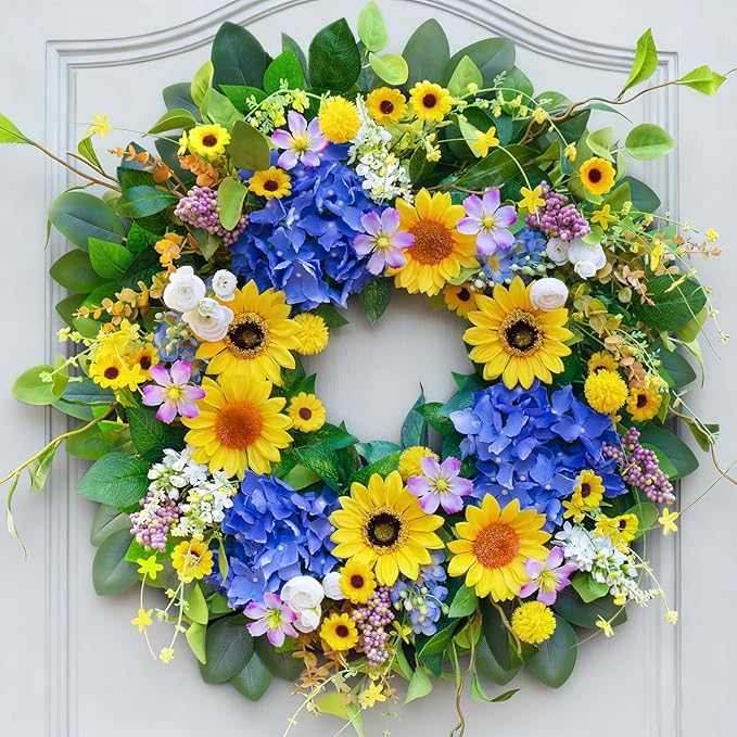 Pinkpuii Spring Wreaths for Front Door Outside- 24 Inch Spring Summer Wreath with Sunflowers,Lifelike Blue Hydrangea Flower Wreath for Indoor Outdoor Mantel,Window,Wall,Home Firplace Hanging Decor