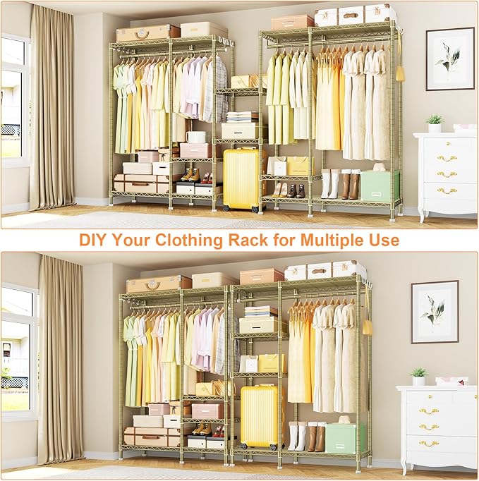 Ulif F4 Heavy Duty Clothes Rack (With Hanger Rod) Freestanding Clothing Racks for Hanging Clothes，Adjustable Closet Organizer System, Portable Garment Rack 45"W x 15.8"D x 71.3"H,Max Load 600LBS, Gold