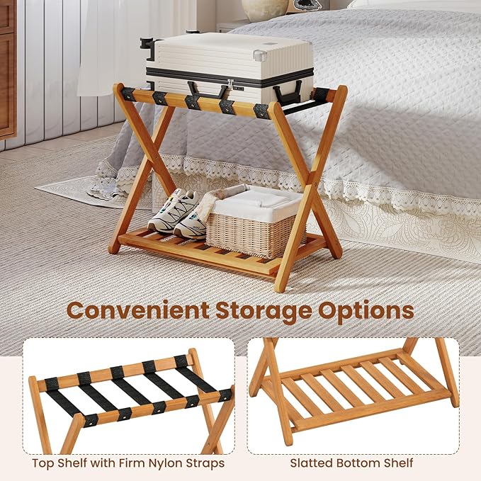 Goplus Luggage Rack for Guest Room Set of 4, Folding Suitcase Stand with Storage Shelf, Acacia Wood Frame & 5 Nylon Straps, Fully Assembled 27" Luggage Stand for Bedroom, Hotel, Holds up to 200 LBS