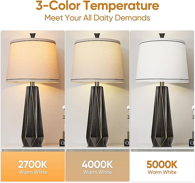 WIHTU Modern Table Lamp Set of 2, 3 Color Temperature Table Lamps for Living Room, 27'' Beside Lamp with Linen Shade,Black with Gold Rim Resin Desk Lamp for Nightstands Bedroom Decor(2 Bulbs Included)