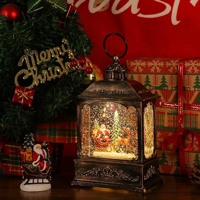 Wondise Christmas Muscal Snow Globe with Timer, USB Plug-in & Battery Operated Spinning Water Glitters Lighted Singing Snow Globe Lantern for Christmas Decorations(Santa)