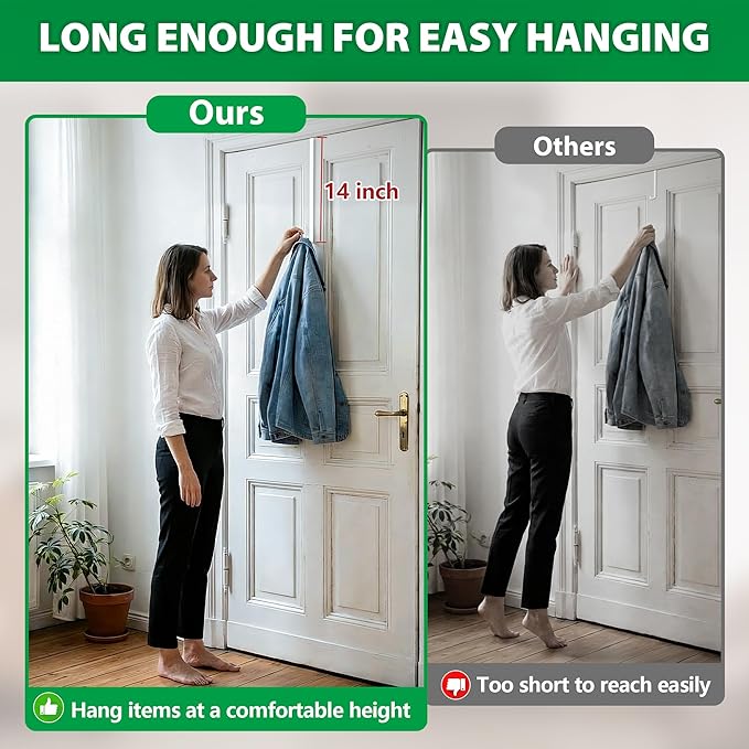 Booda Brand 14" Over The Door Hooks, 4 Pack Widen Wreath Hangers Fit The 1-3/4" & 1-3/8" Door Thicknesses, Z-Shaped Metal Door Hanger Hooks for Hanging Wreaths, Hats,and Clothes (White-4Pack)