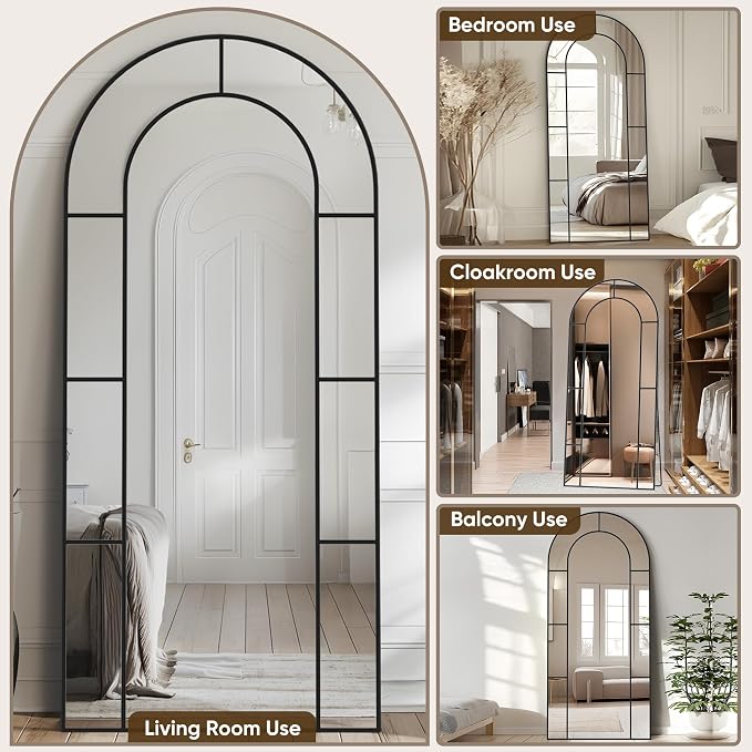 Antok 76" x 34" Full Length Mirror, Floor Mirror Arched Window Decorative Mirror, Metal Framed Decor Farmhouse Floor Mirrors Art Pane Mirrors Wall Decor for Bedroom, Living Room, Entryway Bronwn