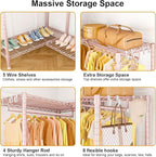 E15 Garment Rack L Shaped Clothes Rack for Corner，Freestanding Clothing Racks for Hanging Clothes，Heavy Duty Closet Organizer with 4 Hanging Rods & 8 S Hooks，43.4" W x 15.8" D x 78.4" H，Pink