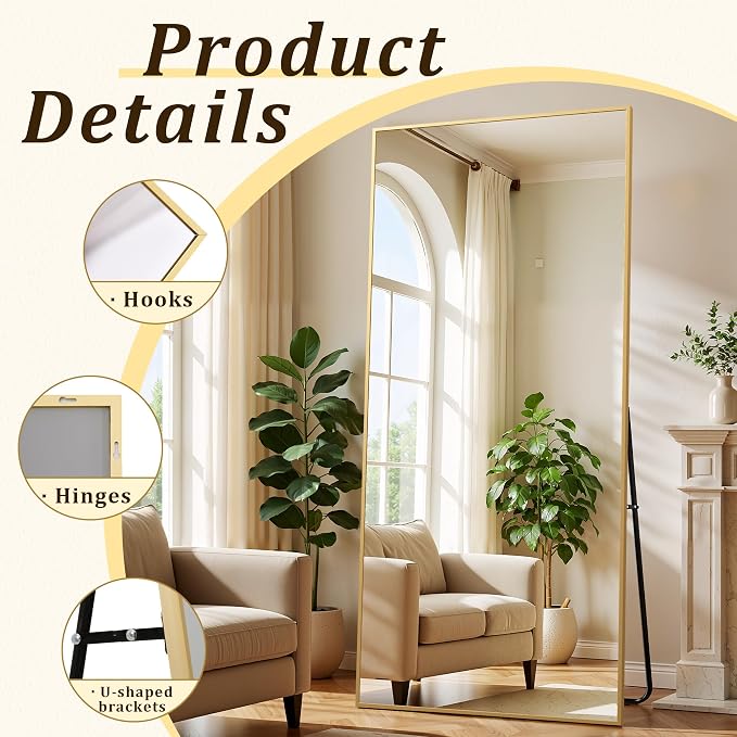 BEAUTYPEAK 86"x40" Rectangle Full Body Floor Mirrors, Full Length Mirror with Stand, Large Gold Mirror for Bedroom, Dressing Room, Leaning, Standing or Hanging Horizontally/Vertically