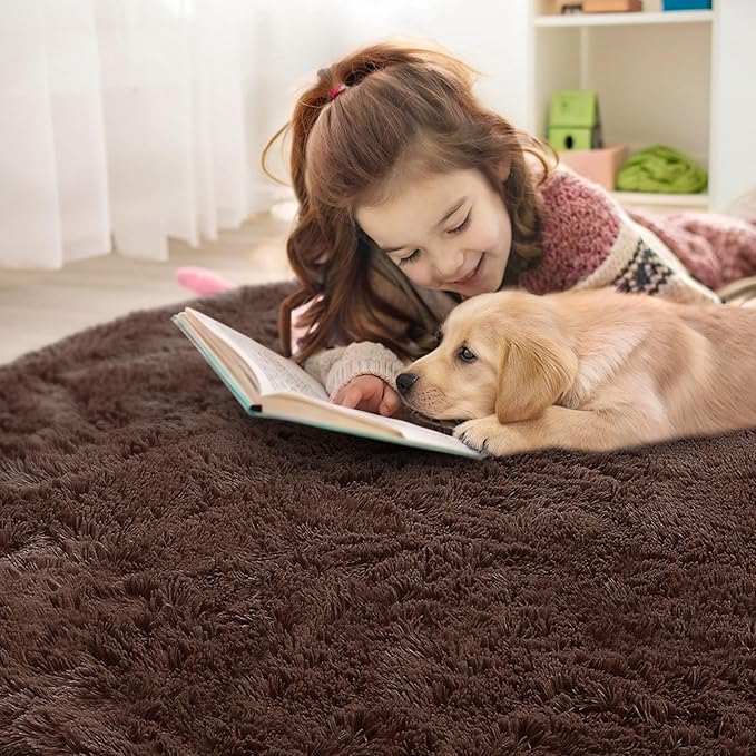 OLANLY Coffee Round Rugs for Bedroom - Machine Washable, 8 ft Circle Area Rugs for Living Room, Soft and Fluffy Shaggy Carpet for Teen Girls and Boys, Nursery Rooms, Dorms, Home Decor Aesthetic