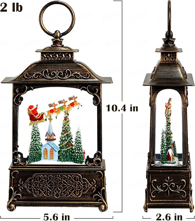 Christmas Snow Globes Church Snow Globe Lantern, Lighted Christmas Decorations Indoor for Home with Music Timer Glitter, Santa Claus Reindeer, Home Decor, USB & Battery Operated 10.4 inch