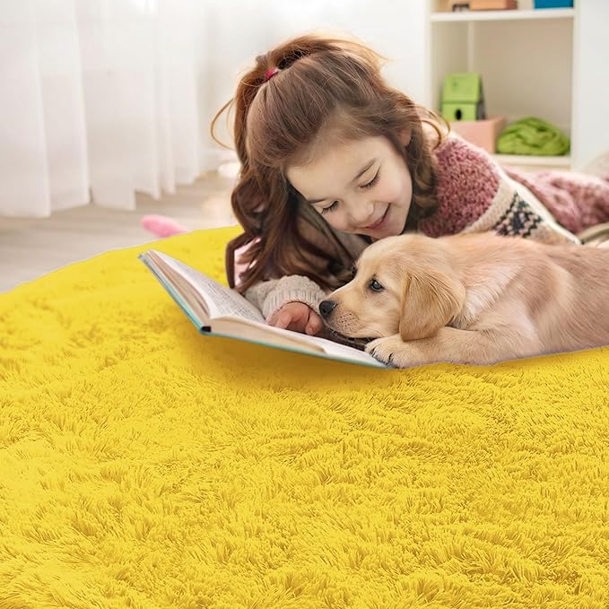 OLANLY Yellow Round Rugs for Bedroom - Machine Washable, 5 ft Circle Area Rugs for Living Room, Soft and Fluffy Shaggy Carpet for Teen Girl and Boys, Nursery Rooms, Dorms, Home Decor Aesthetic