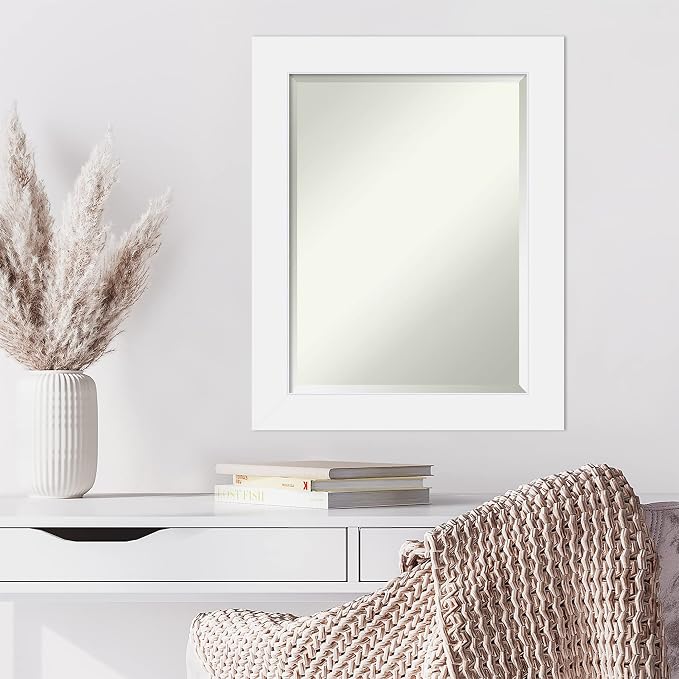 Amanti Art White Wall Mirror 29x23 Corvino White Rectangle Bathroom Mirror for Wall Decor Living Room, Medium Modern Wood Frame, Hangs Horizonally and Vertically, Bathroom Decor, Beveled Edge