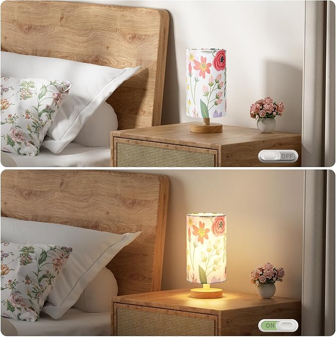Fenmzee Floral Table Lamp for Bedroom - Inline Control, Small Bedside Lamp with 3000K A15 LED Blub, Easy Assembly (Floral White Shade, 9" Inline Control)