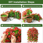 Artificial Fake Hanging Flowers Plants Baskets for Outdoor Spring Summer Decorations,Resistant Faux Morning Glory Silk Plants for Outside UV Resistant Patio Yard Home Porch Decor(Red Brown)