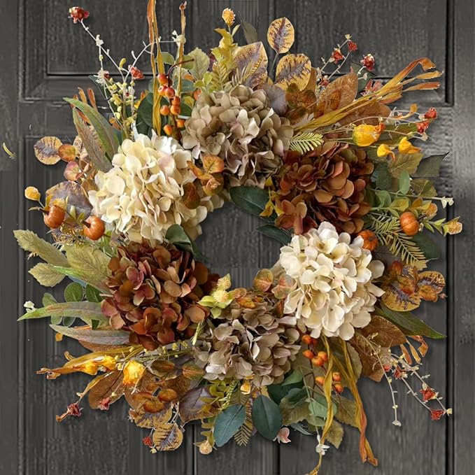 WANNA-CUL 24 Inch Fall Spring Wreaths for Front Door with Hydrangea,Little Pumpkins-Fall Decorations for Home,Fall Door Wreath Decor for Summer,Autumn,Harvest, Halloween or Thanksgiving