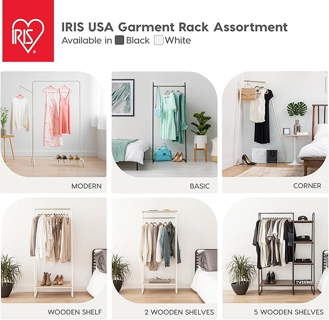 IRIS USA Clothes Rack with 4 Metal Shelves, Freestanding Clothing Racks for Hanging Clothes, Easy to Assemble, Standing Metal Sturdy Garment and Accessories Rack, Small Space Storage Solution, Black