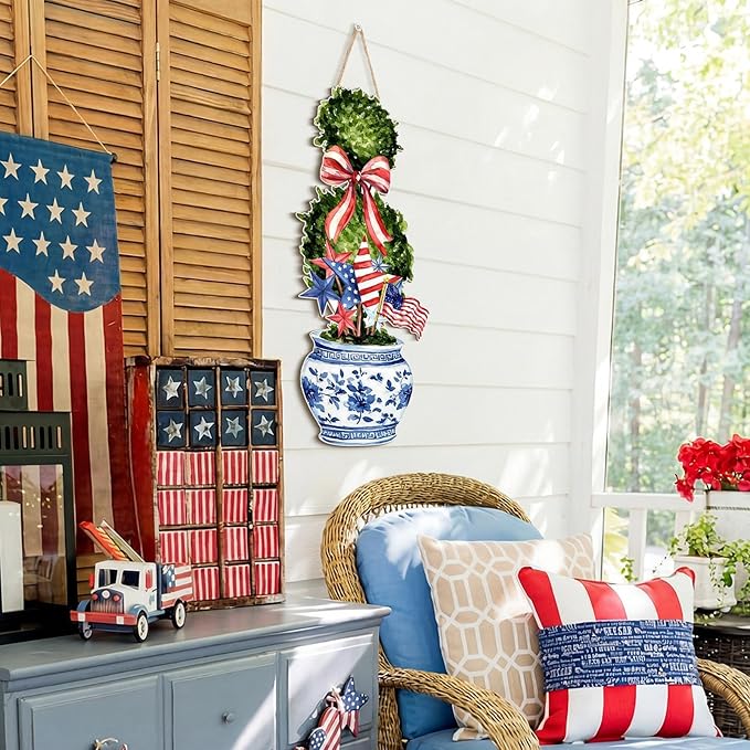 4th of July Large Size Chinoiserie Bonsai Door Hanger Patriotic Topiary Wooden Sign Front Door Home Wreath Red White and Blue Ornament for 250 Anniversary Independence Day Indoor Outdoor Yard Porch