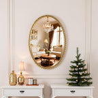 24x36 Inch Oval Wall Mirror with Antique Gold Beaded Frame, Vertical or Horizontal Hanging Vanity Mirror for Bathroom, Powder Room or Bedroom, Decorative Oval Mirror Wall Decor