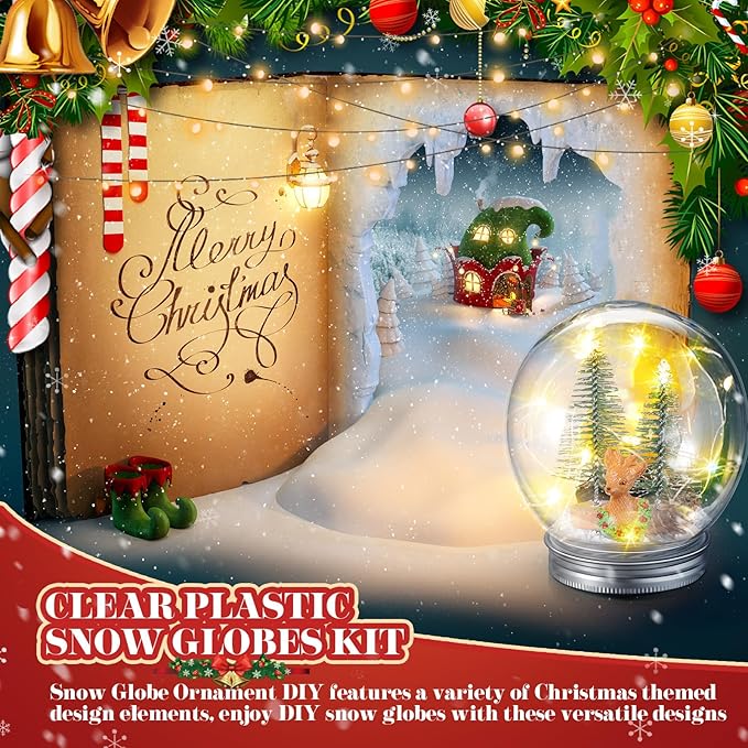 Liliful 30 Pack Christmas DIY Snow Globe Kit Including 3.58 Inch LED Plastic Snow Globe with Screw Off Cap Artificial Mini Tree Snowman Santa Deer Pine Cones and Lights for Party Decorations