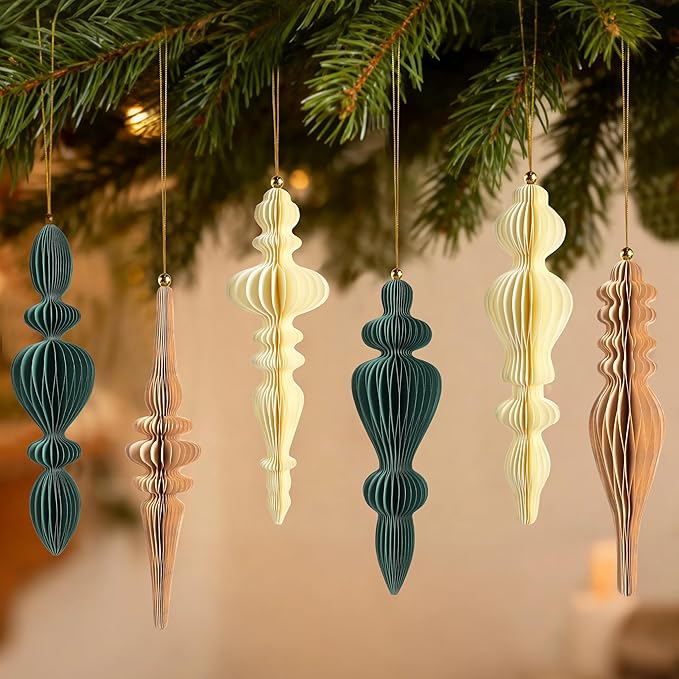 6Pcs Neutral Finial Christmas Ornaments for Tree, 3D Paper Honeycomb Hanging Decorations Vintage Christmas Honeycomb Ornaments Lanterns for Xmas Tree Winter New Year Holiday Party Home Decor