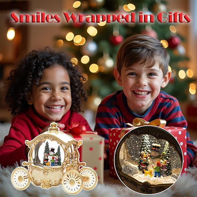 Christmas White Carriage Snow Globe Lantern with Gift Box - Snowman Scene Water Lantern with Glitter Snow - Musical Holiday Decor with LED Light - Battery Or USB Powered Operated (White with gold)