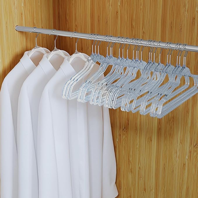 50 Pack Clear Plastic Hangers with Blue Glitter, Acrylic, Ultra Slim, Space Saving, for Coats, Pants, Suits, Shirts, Skirts, Dress Clothes