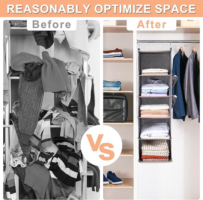 BOOMIBOO Hanging Closet Organize and Shelves，5-Hanging Shelf with 2 Side Pockets，Storage Foldable （Blue）