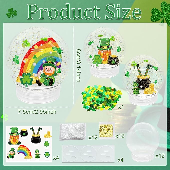 12 Set St. Patricks Day Glitter Snow Globe DIY Craft Kits, Clear Plastic Snow Globe Irish Party Crafts Kit for St. Patricks Day Party Favor Supplies Toddler Classroom Activities Gifts(St. Patricks)
