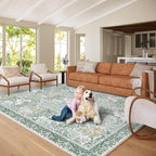 Botanical Floral Area Rug 8x10 Light Green Cream Vintage Garden Design, Perfect for Living Room, Bedroom, Kids Room, Nursery - Stain & Water Resistant Non-Slip, Pet & Child Friendly Area Rugs