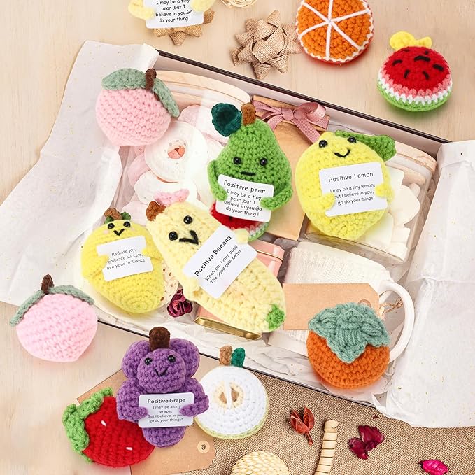 VioraWhite 18 Pcs Crochet Dolls Bulk Positive Handmade Knitted Emotional Fruit Dolls with Encouragement Cards for Employee Appreciation Gifts, Coworker Team Building Keepsakes