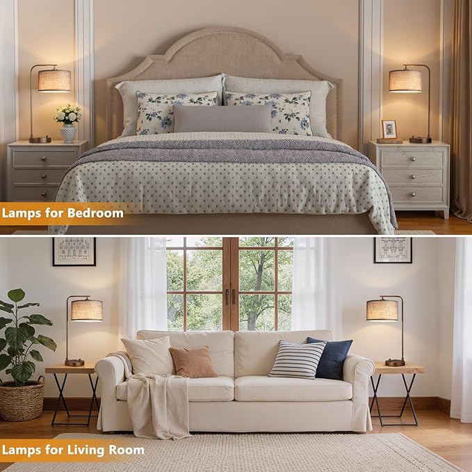 Innqoo Bedside Table Lamps for Bedroom Set of 2-Dimmable Nightstand Lamps with USB Port and Outlet,Modern Brown Lamps with Linen Shade,Tall Desk Lamps for Home Office Bedroom Living Room End Table