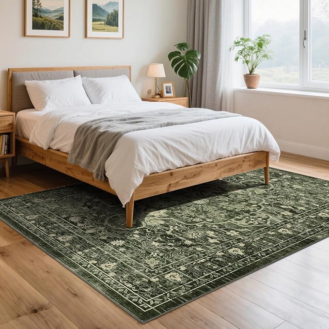 U'Artlines Boho Vintage Area Rug 5x7 Machine Washable Low Pile Soft Floor Carpet Non Slip Non Shedding Accent Rug for Living Room Bedroom Entryway Dining Room Office Dark Green