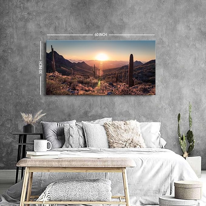 Mountain Wall Art Sunset Cactus Wall Decor Arizona Sonoran Desert Canvas Pictures Saguaro Landscape Photography Prints Western Nature Artwork Living Room Bedroom Office Home Decoration 29.53x 57.87"