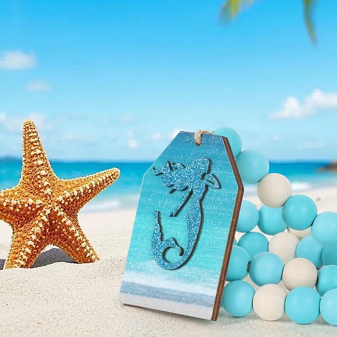 Meplait Wood Bead Garland, Coastal Tassel Garland with Mermaid Tag Beach Farmhouse Decor for Tiered Tray Table Centerpiece Wall Home Decoration