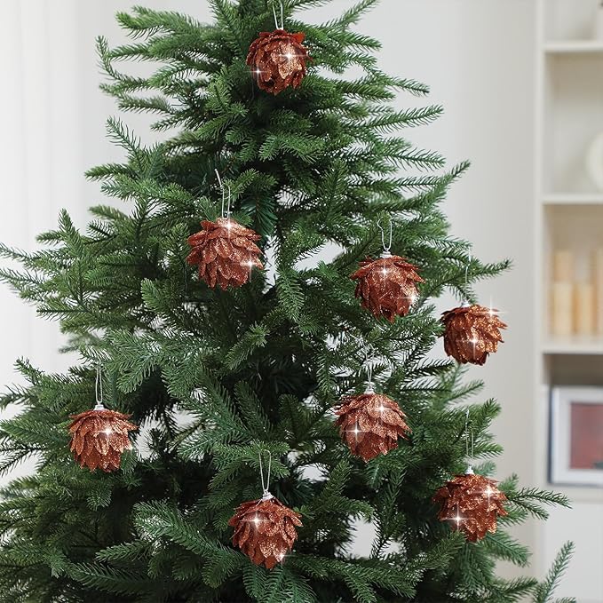 Jetec 8 Pieces Christmas Ornaments Glitter Christmas Tree Hanging Decoration Decorative Artificial Pine Cones Flowers Hanging Ornaments for Winter Wreath Holiday Decor(Brown Gold Color)