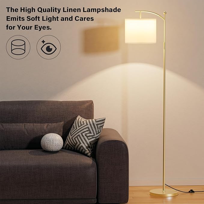 Ambimall 60" Floor Lamp for Living Room with 3 Color Temperatures, Adjustable White Shade with Gold Pole, Tall Lamp for Bedroom Office Classroom Dorm Room, 9W LED Bulb Included