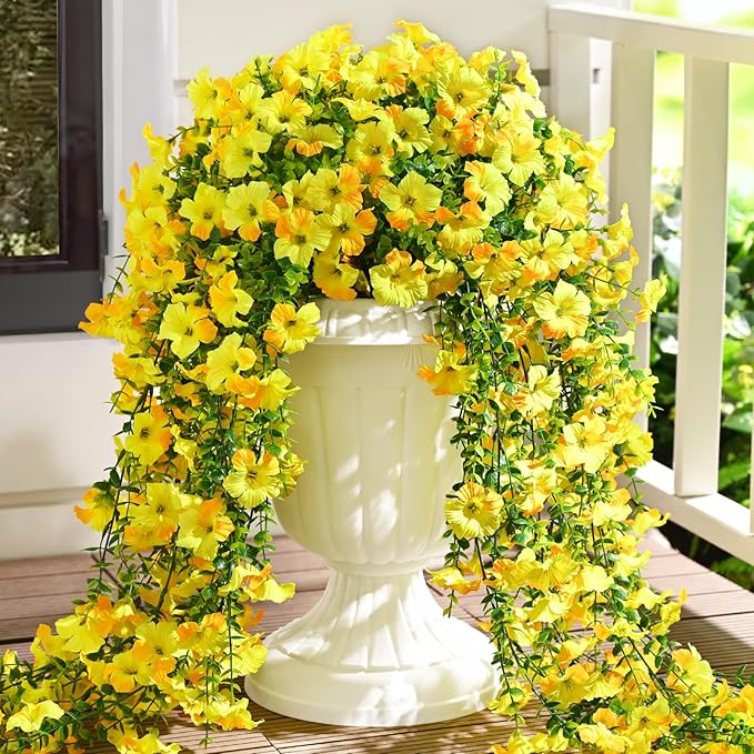 Waipfaru Artificial Petunias Flowers for Outdoors, 4 Pcs UV Resistant Fake Hanging Plants Spring Outside Decor, Faux Silk Flowers Long Trailing Vines for Outdoor Planters Porch Garden (Yellow)